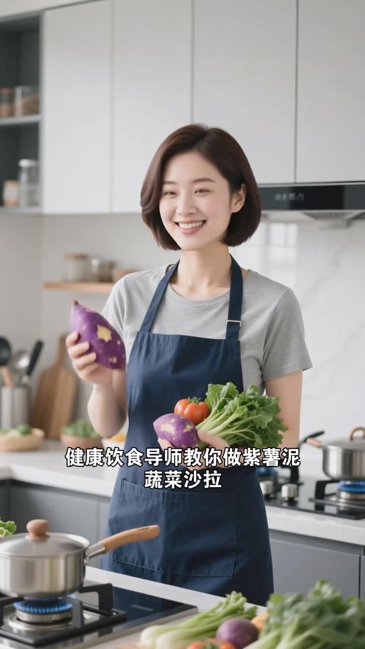 用紫薯泥拌蔬菜沙拉,低脂低糖营养足