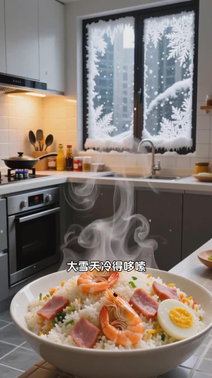 大雪天吃热乎乎的三鲜炒饭，鲜香可口饱腹