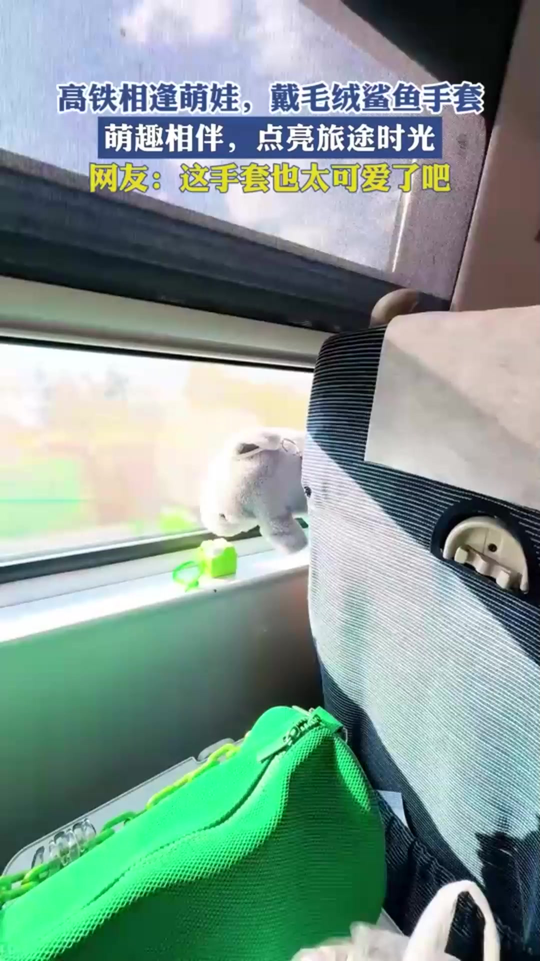 高铁相逢萌娃,戴毛绒鲨鱼手套,萌趣相伴,点亮旅途时光!