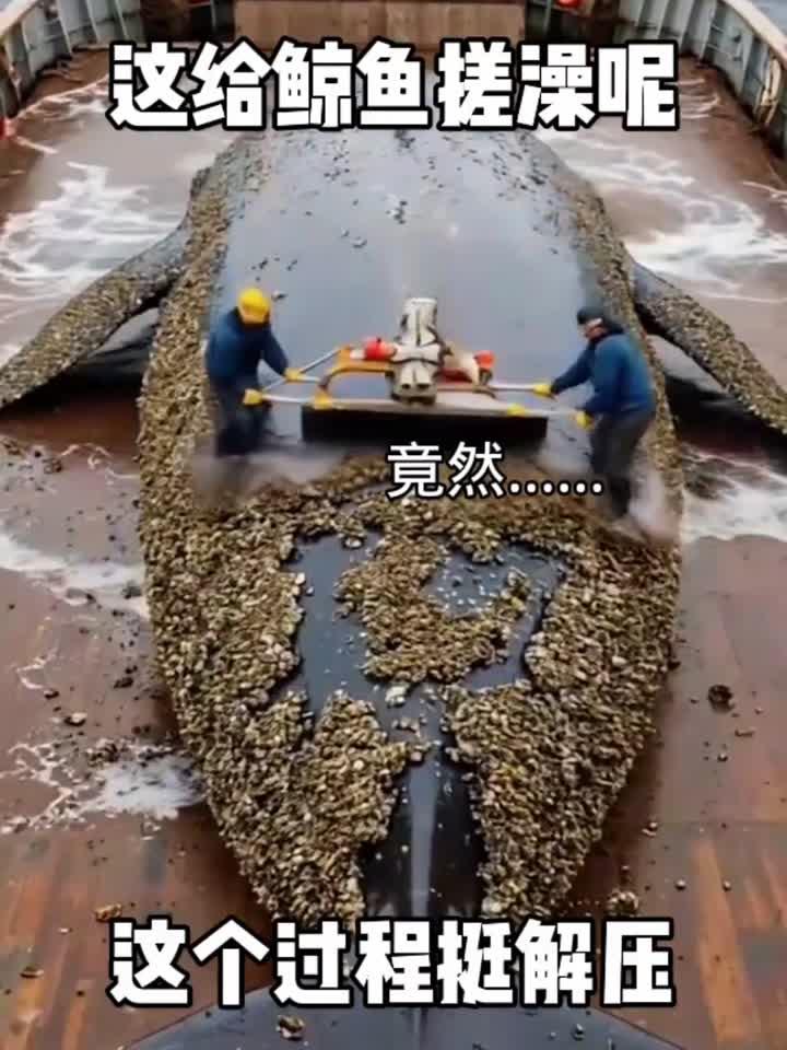 这个是真解压啊!俩人在鲸鱼背上滑步,这是给鲸鱼搓澡呢?