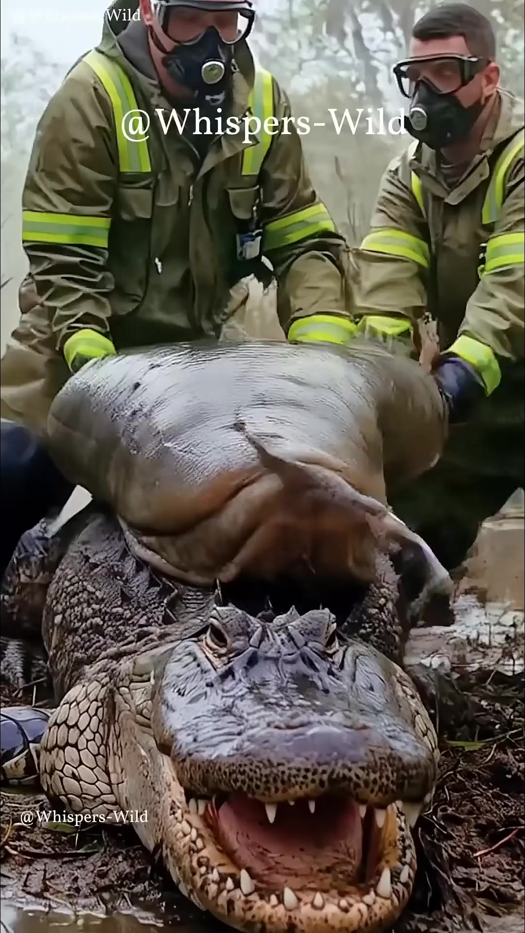 震撼场面:工作人员合力搬动巨大鳄鱼惊现泥泞战斗场
