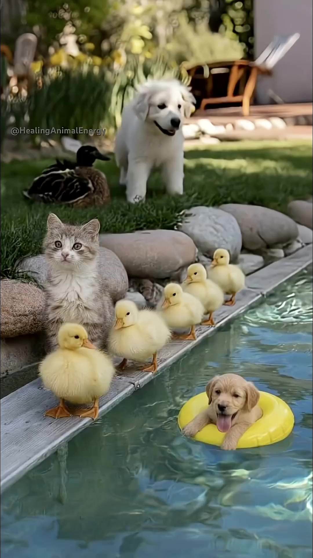 小奶狗套泳圈漂水面,小猫带小鸭戏水萌态十足