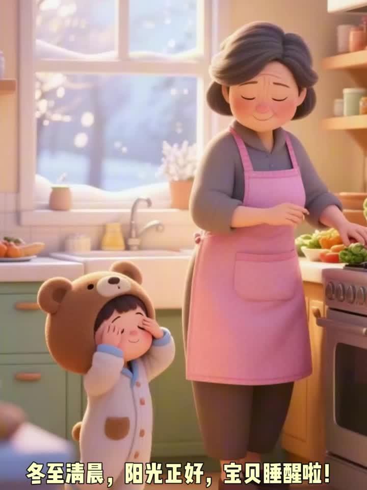 冬至清晨妈妈神秘准备美食,卡通孩子好奇询问今天吃啥