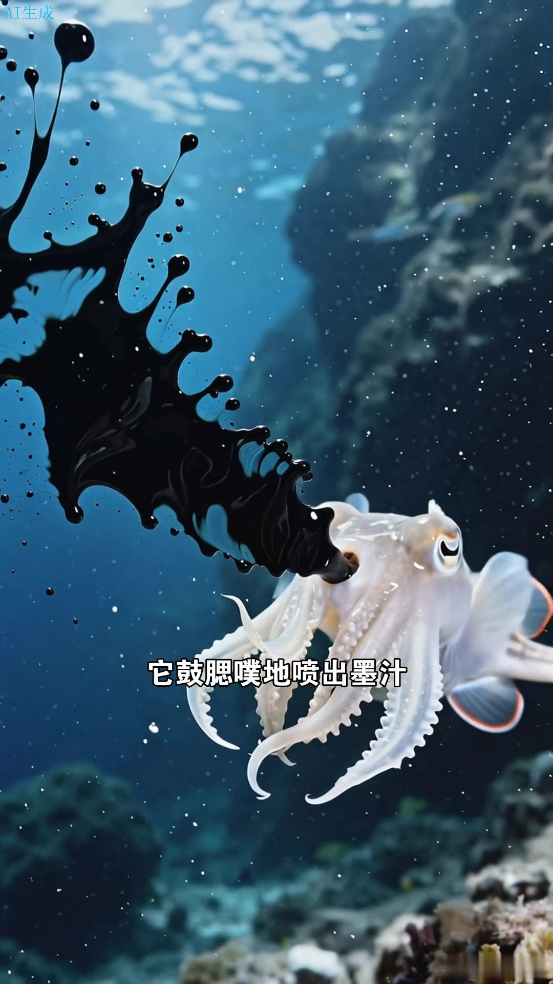 墨鱼喷墨雾,墨汁晕开深海的暗蓝