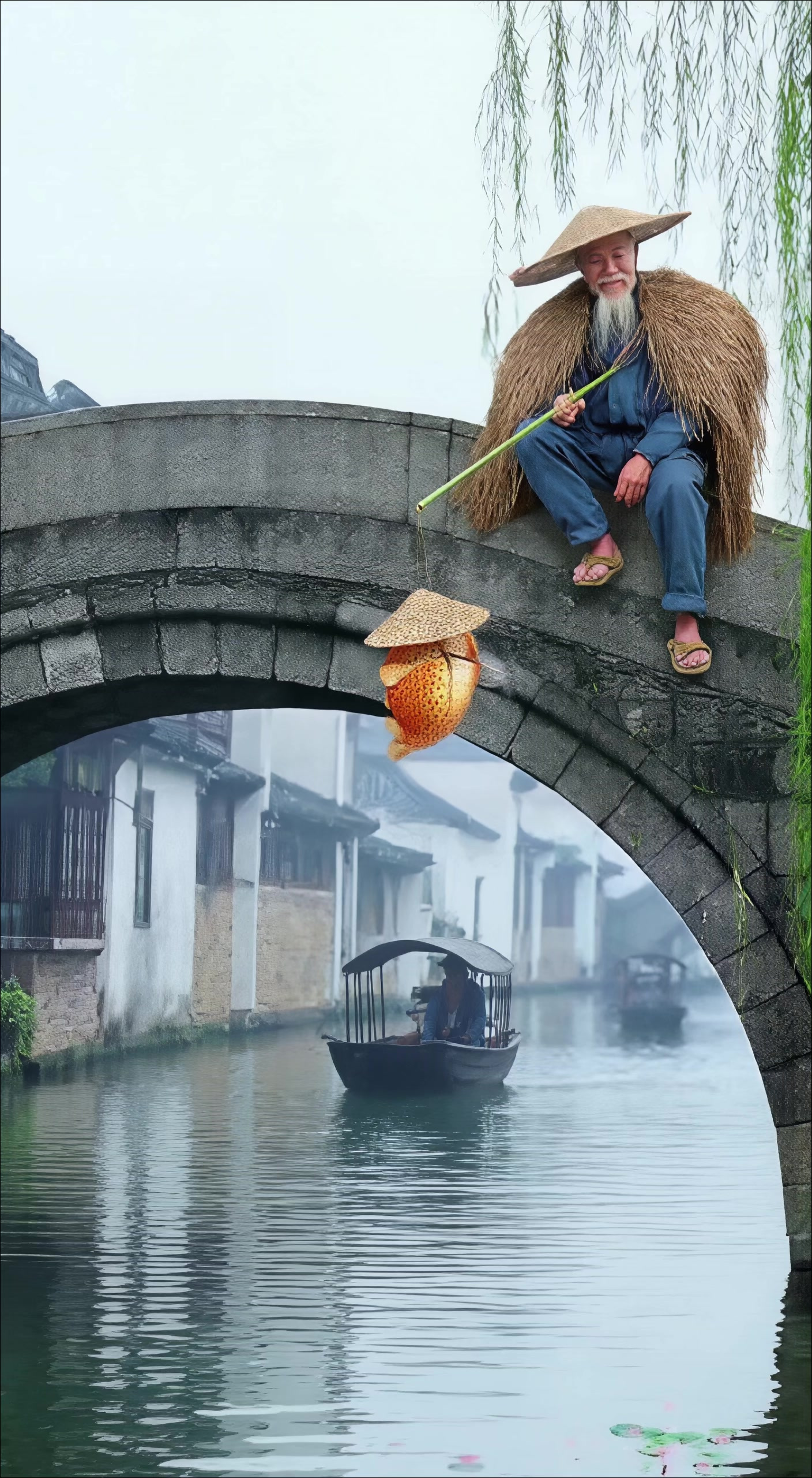 蓑衣渔翁钓出戴帽抽烟的鱼