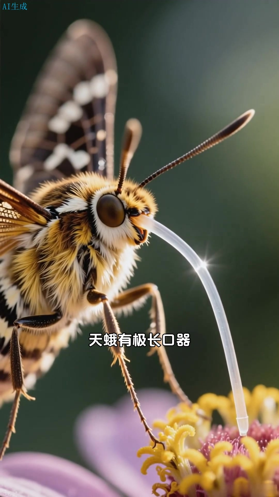 天蛾,长舌探蜜,它拥有极长的口器,能吸食深管花的花蜜