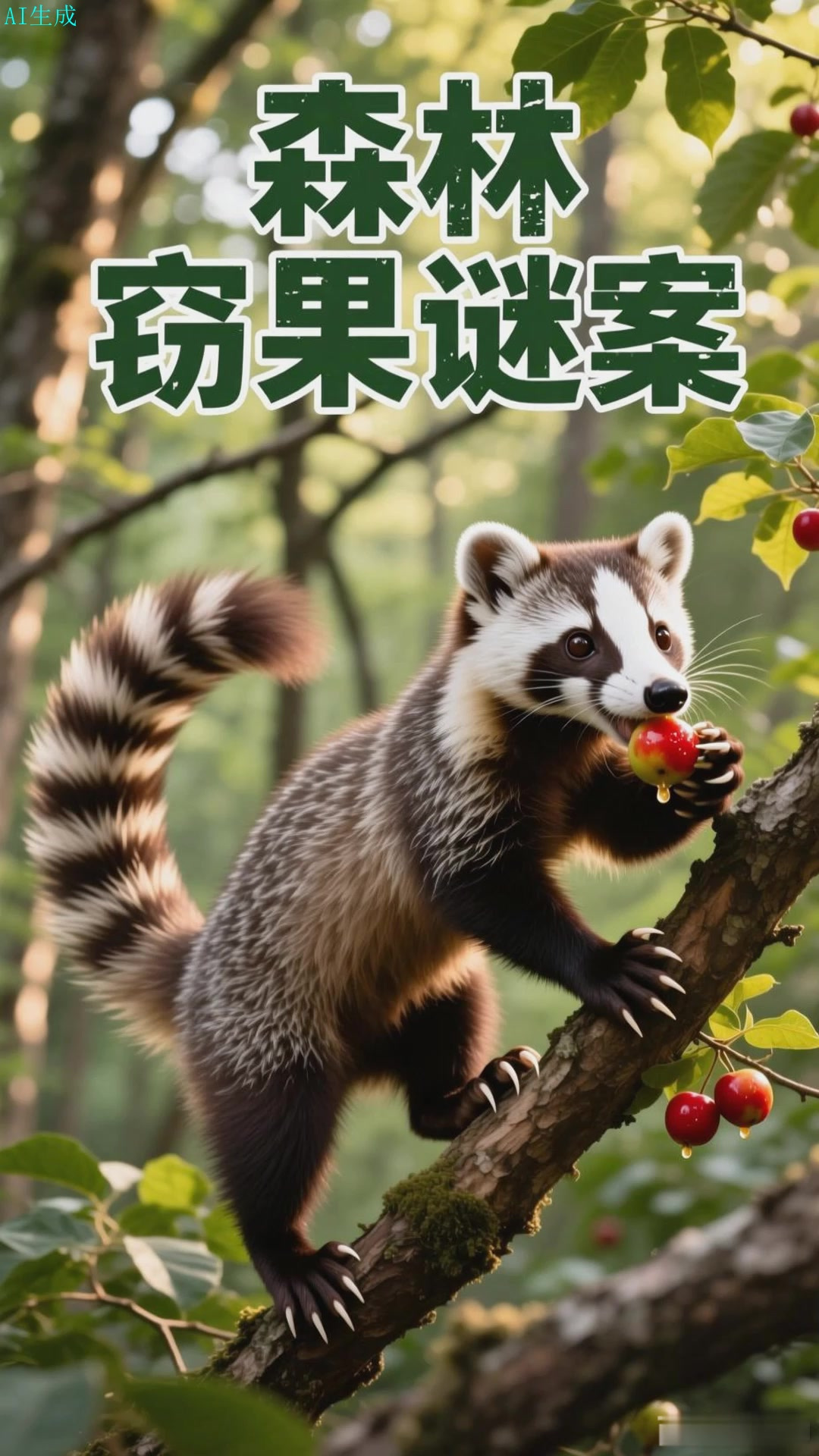 白鼻狸在树间攀爬，白鼻显眼，偷食野果动作敏捷