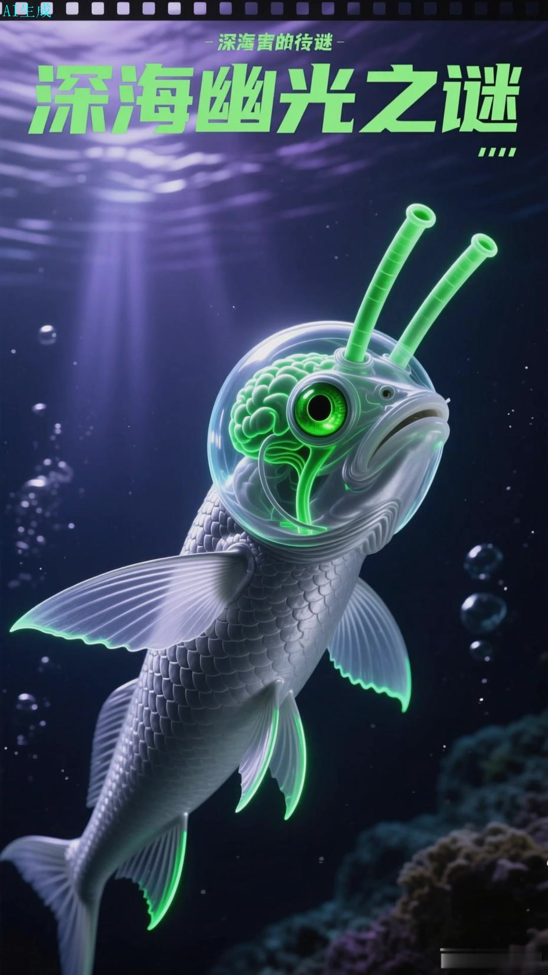 管眼鱼透明头部可见内部结构,管状眼睛在液体内旋转搜寻上方猎物轮廓