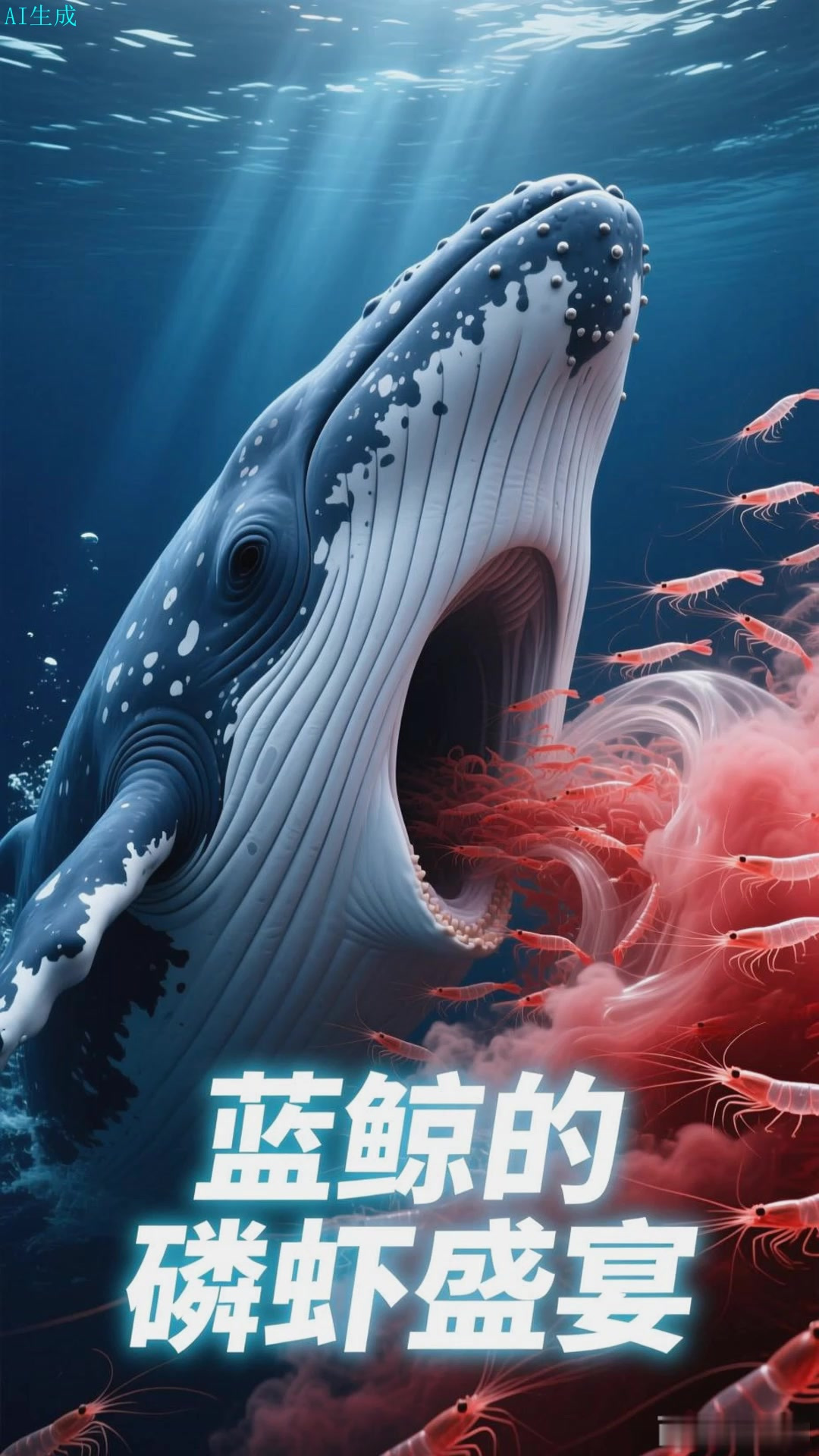 蓝鲸在太平洋的深海张开巨口吞吃成吨的磷虾