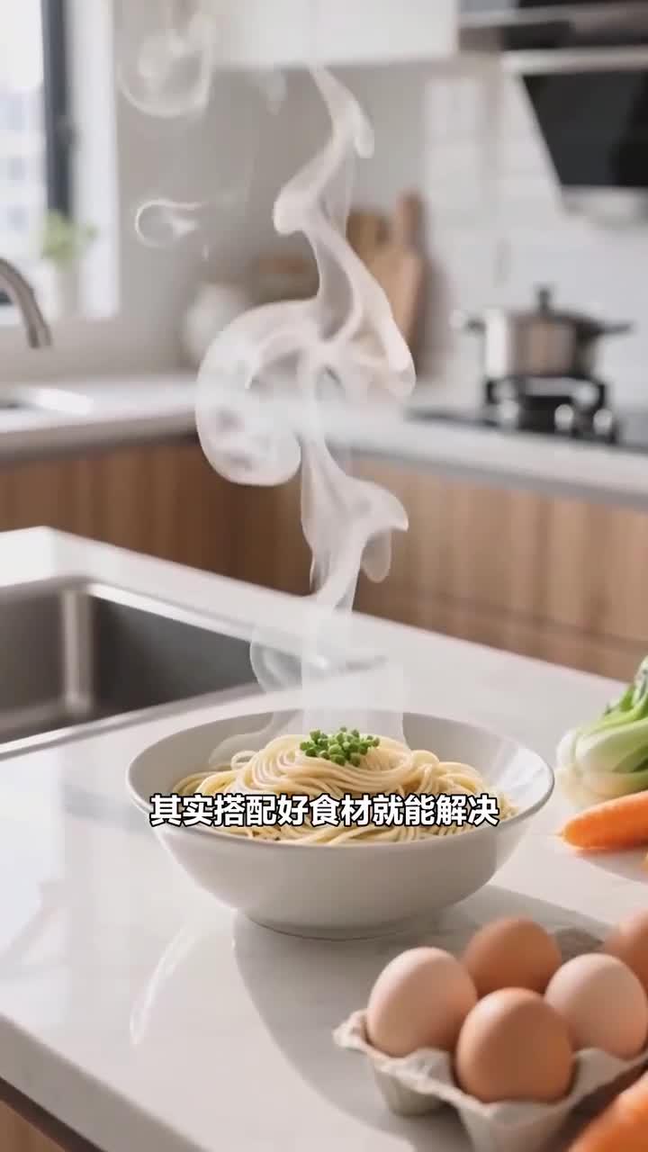吃面条加鸡蛋 + 蔬菜，营养均衡
