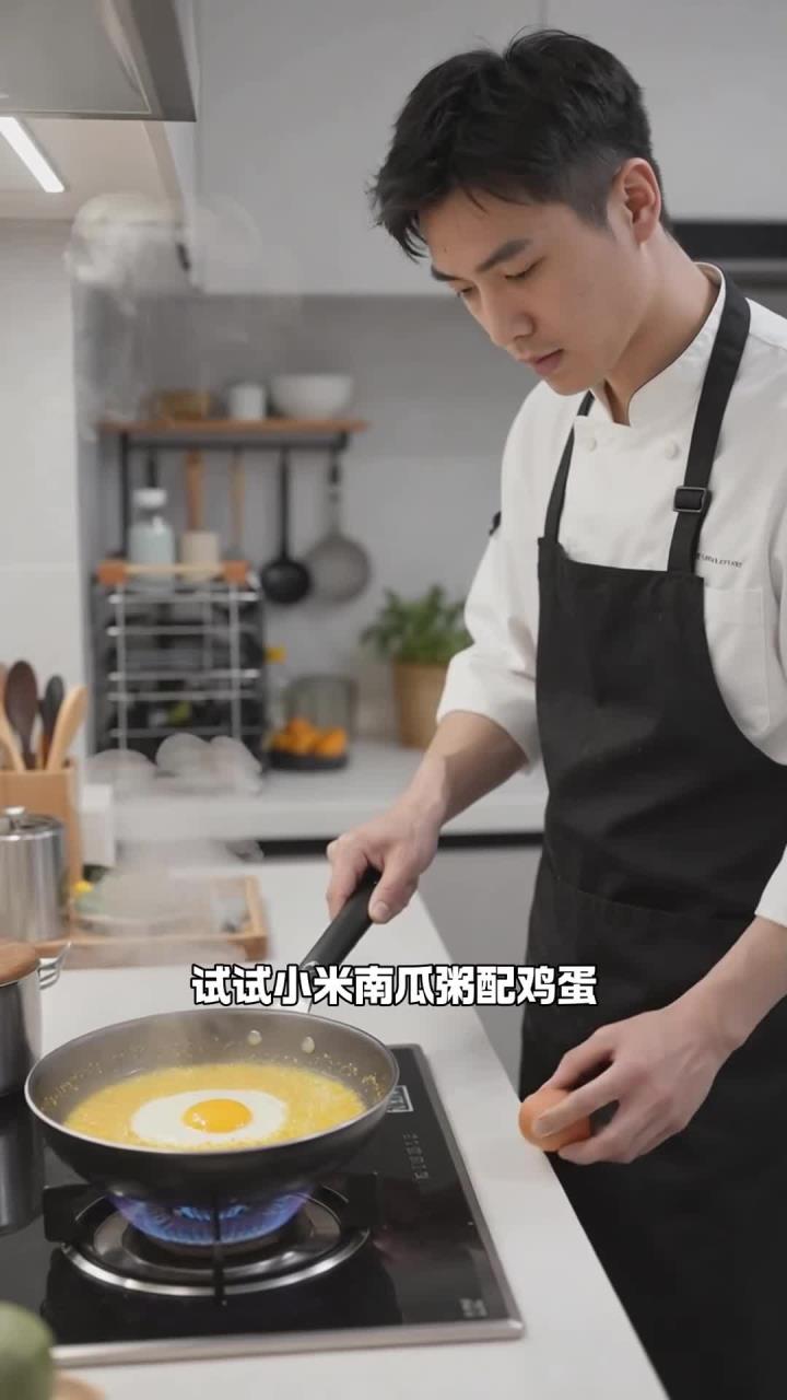 早餐煮小米南瓜粥,配鸡蛋,健脾养胃超营养