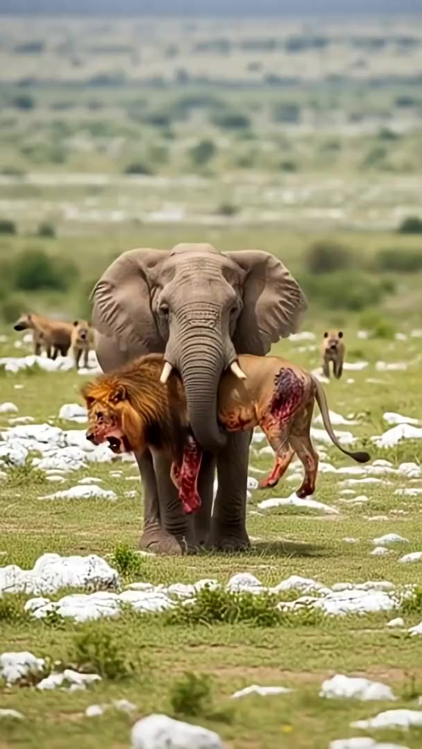 大象卷雄狮，鬣狗围观不出手！草原霸主竟如此落幕