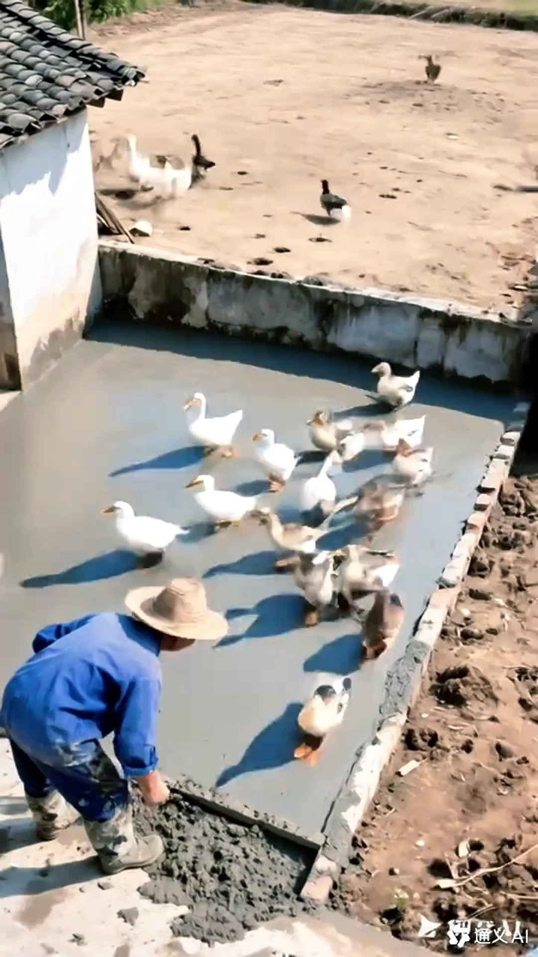 鸭子在新铺水泥地留下“艺术脚印”,主人看了直挠头