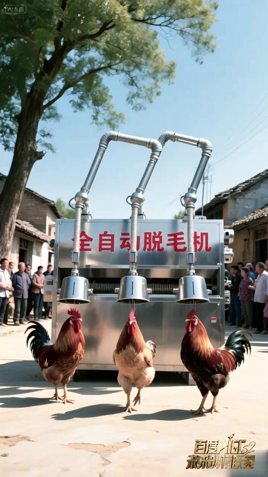 公鸡排队进脱毛机，乡亲围观见证“秒变光鸡”