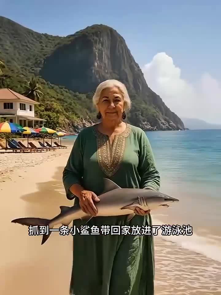 老奶奶在海里带回一条小鲨鱼