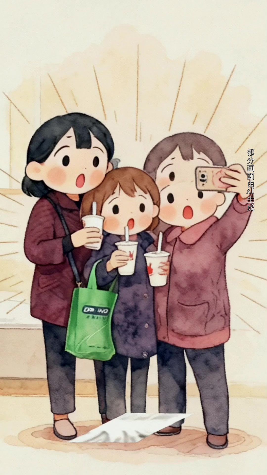 三位老奶奶喝着奶茶开心自拍，网友：三个小姑娘好开心啊！
