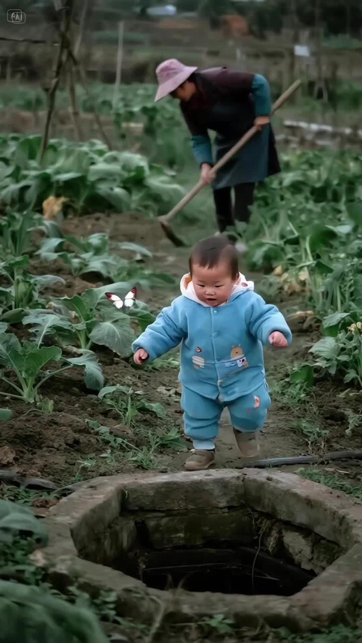 宝宝抓蝴蝶，妈妈在菜地干活