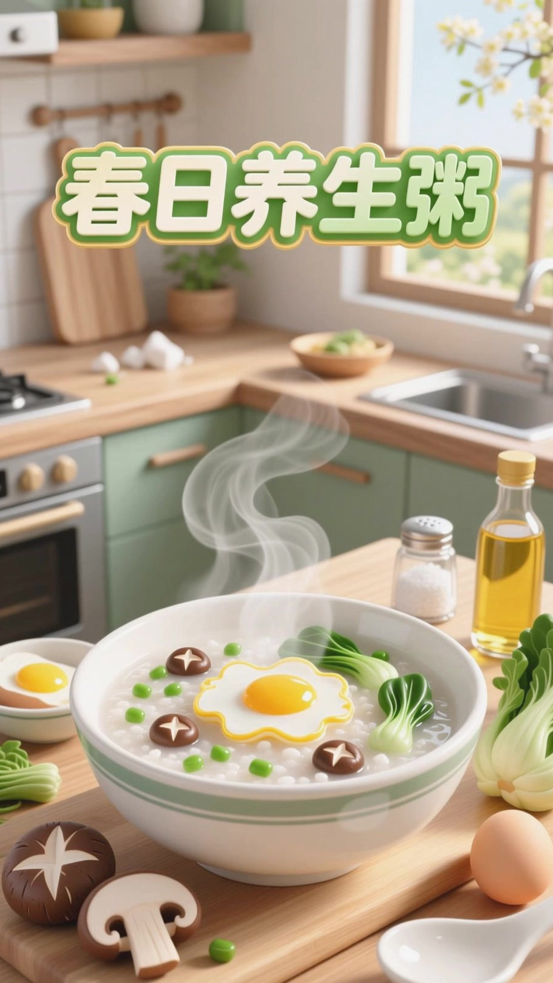 香菇青菜鸡蛋粥，鲜香清淡养生餐