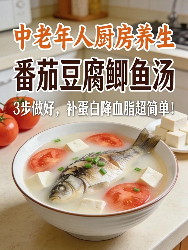 中老年人厨房养生:番茄豆腐鲫鱼汤,3 步做好,补蛋白降血脂超简单!
