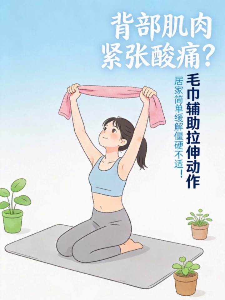 背部肌肉紧张酸痛?毛巾辅助拉伸动作,居家简单缓解僵硬不适!