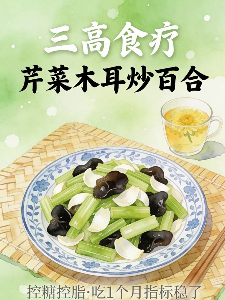 中老年三高食疗!芹菜木耳炒百合,控糖控脂,吃 1 个月指标稳了～