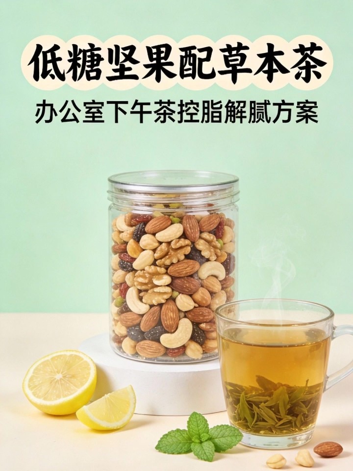 办公室下午茶怕胖?低糖坚果 + 草本茶饮,控脂还解腻～