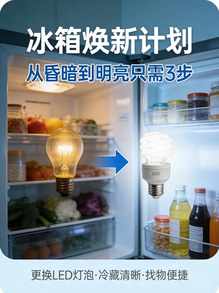 冰箱照明灯坏了暗,更换LED小灯泡易,冷藏清晰找物更便捷!