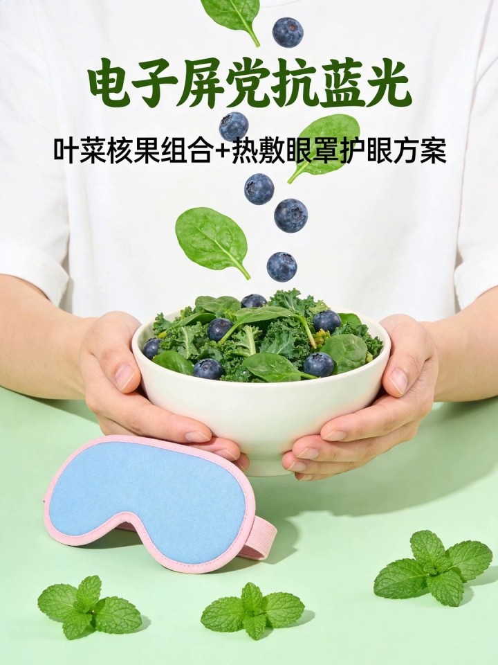 电子屏党抗蓝光!叶菜核果组合+热敷眼罩护眼方案