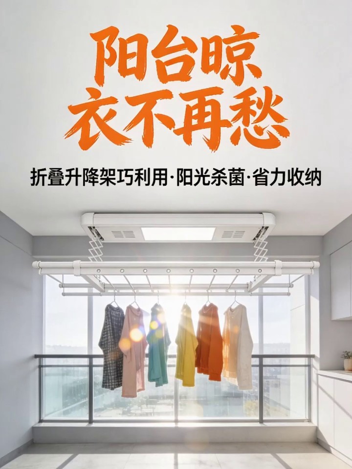 阳台晾衣空间不足?折叠升降架巧利用,阳光杀菌衣物干爽收省力!