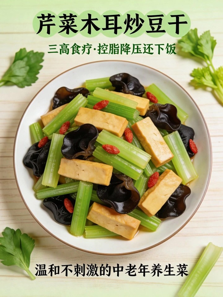 中老年人三高食疗！实测芹菜木耳炒豆干，控脂降压还下饭，温和不刺激～