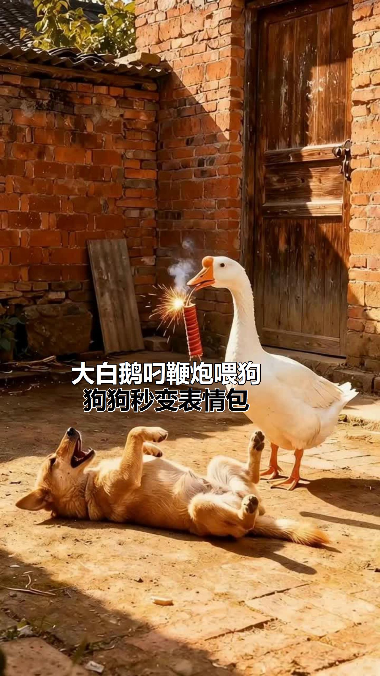 大白鹅叼鞭炮喂狗，狗狗秒变表情包