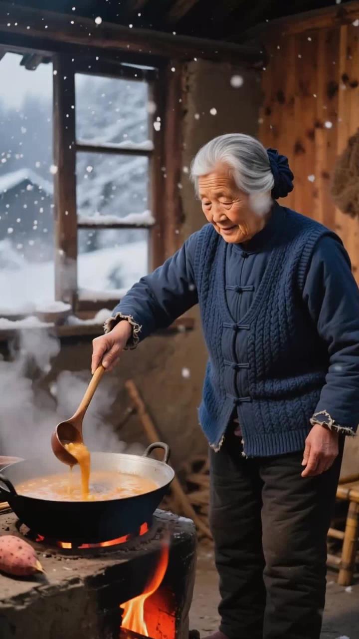 大雪天围炉煮红薯粥,香甜软糯暖脾胃,健康养生超惬意