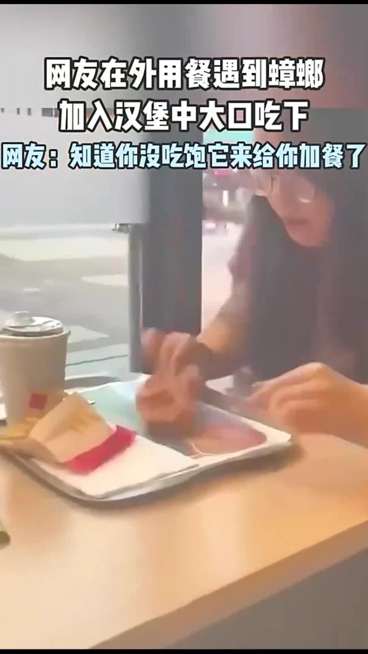 网友在外用餐遇到蟑螂,加入汉堡中大口吃下,网友:知道你没吃饱