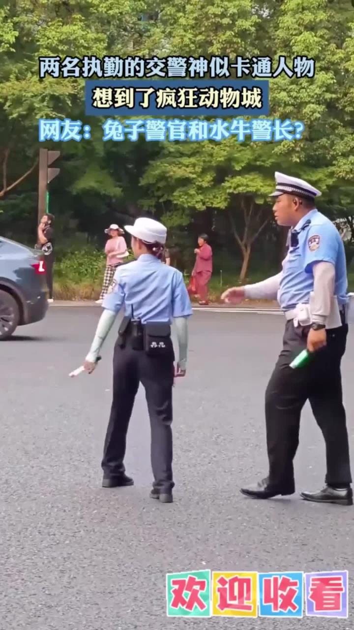两名执勤的交警神似卡通人物,想到了疯狂动物城