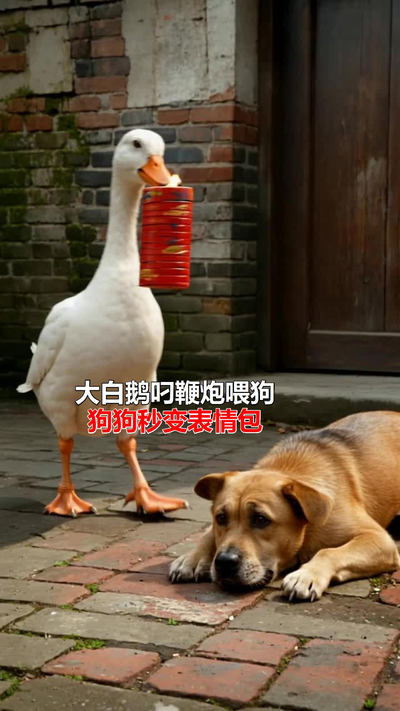 大白鹅叼鞭炮喂狗,狗狗秒变表情包