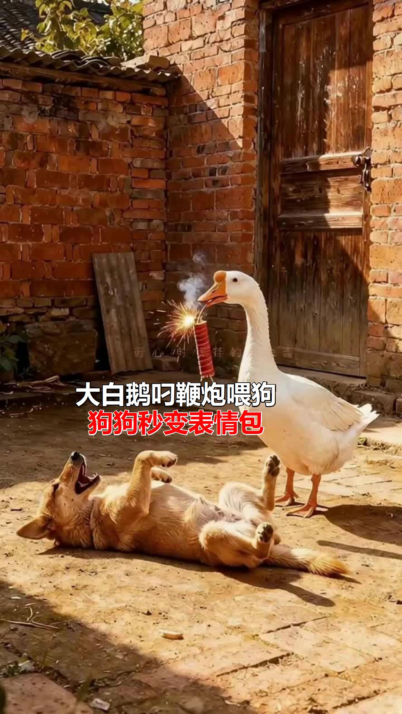 大白鹅叼鞭炮喂狗,狗狗秒变表情包