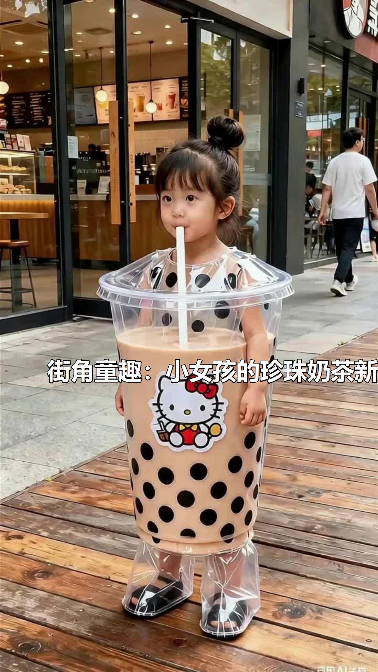 街角童趣：小女孩的珍珠奶茶新喝法