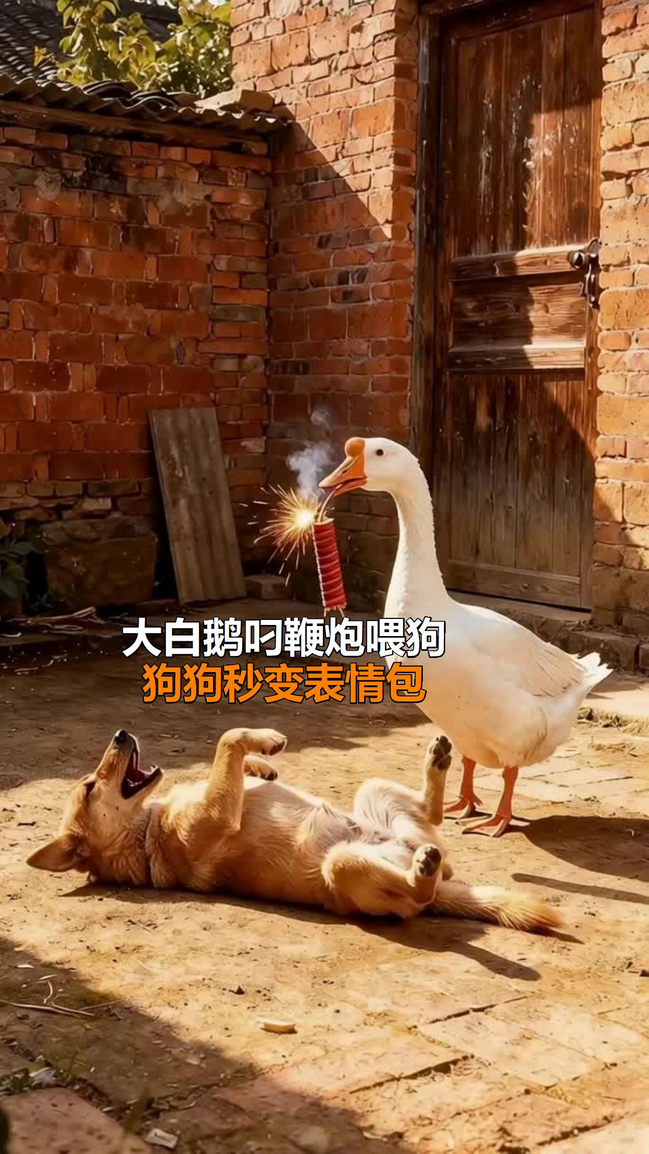 大白鹅叼鞭炮喂狗，狗狗秒变表情包