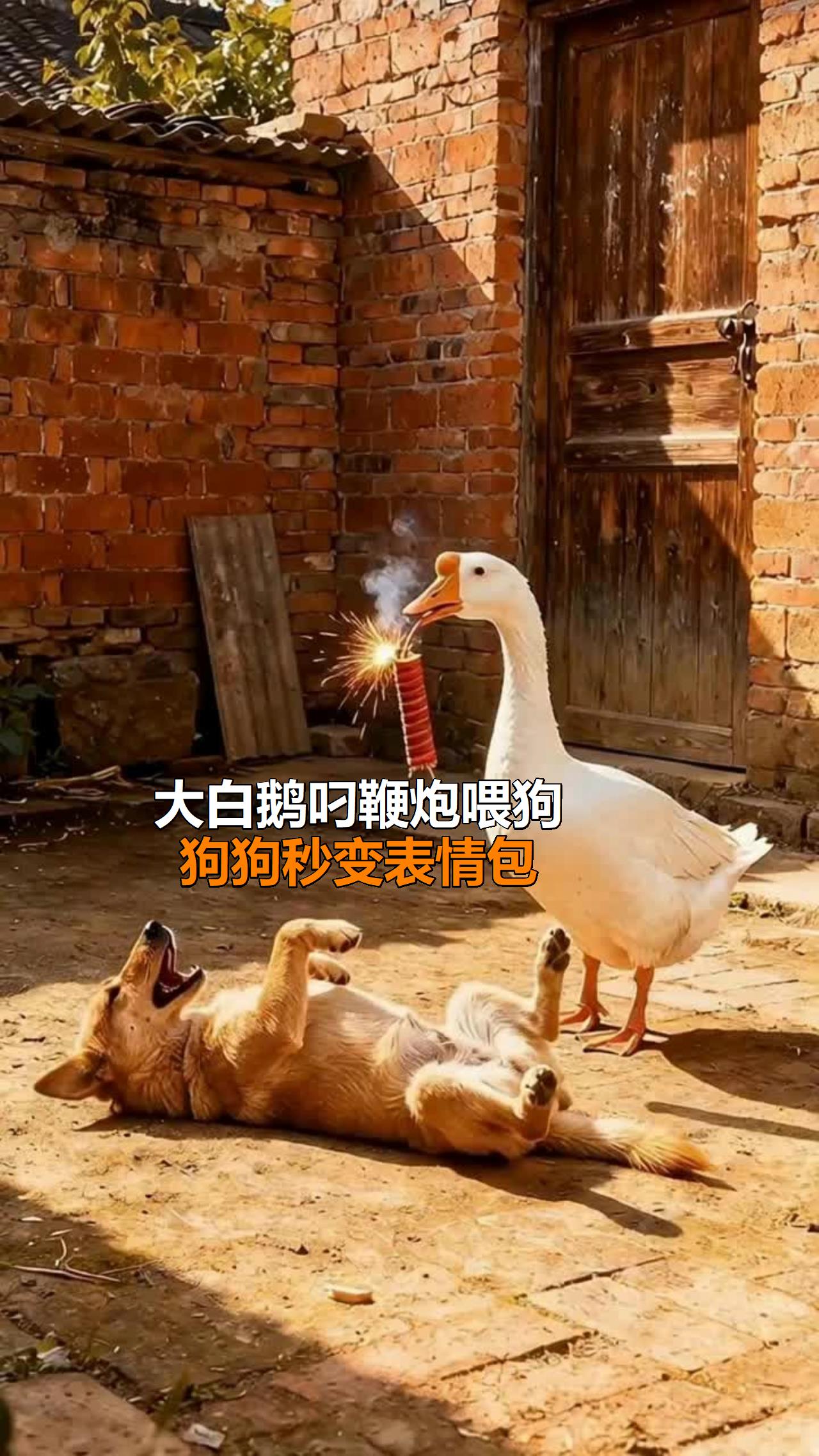 大白鹅叼鞭炮喂狗,狗狗秒变表情包