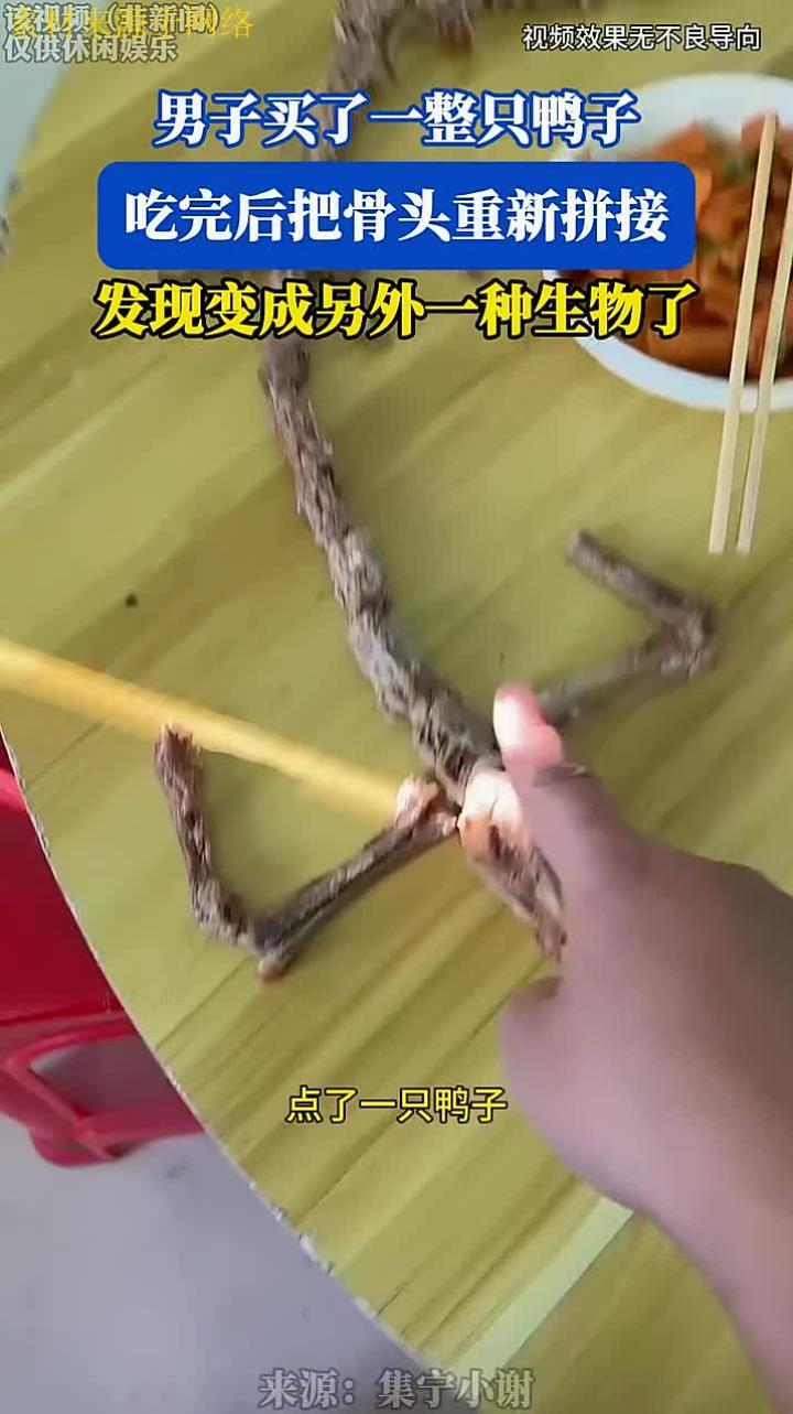 男子买了一整只鸭子，吃完后把骨头重新拼接，发现变成另外一种生物了