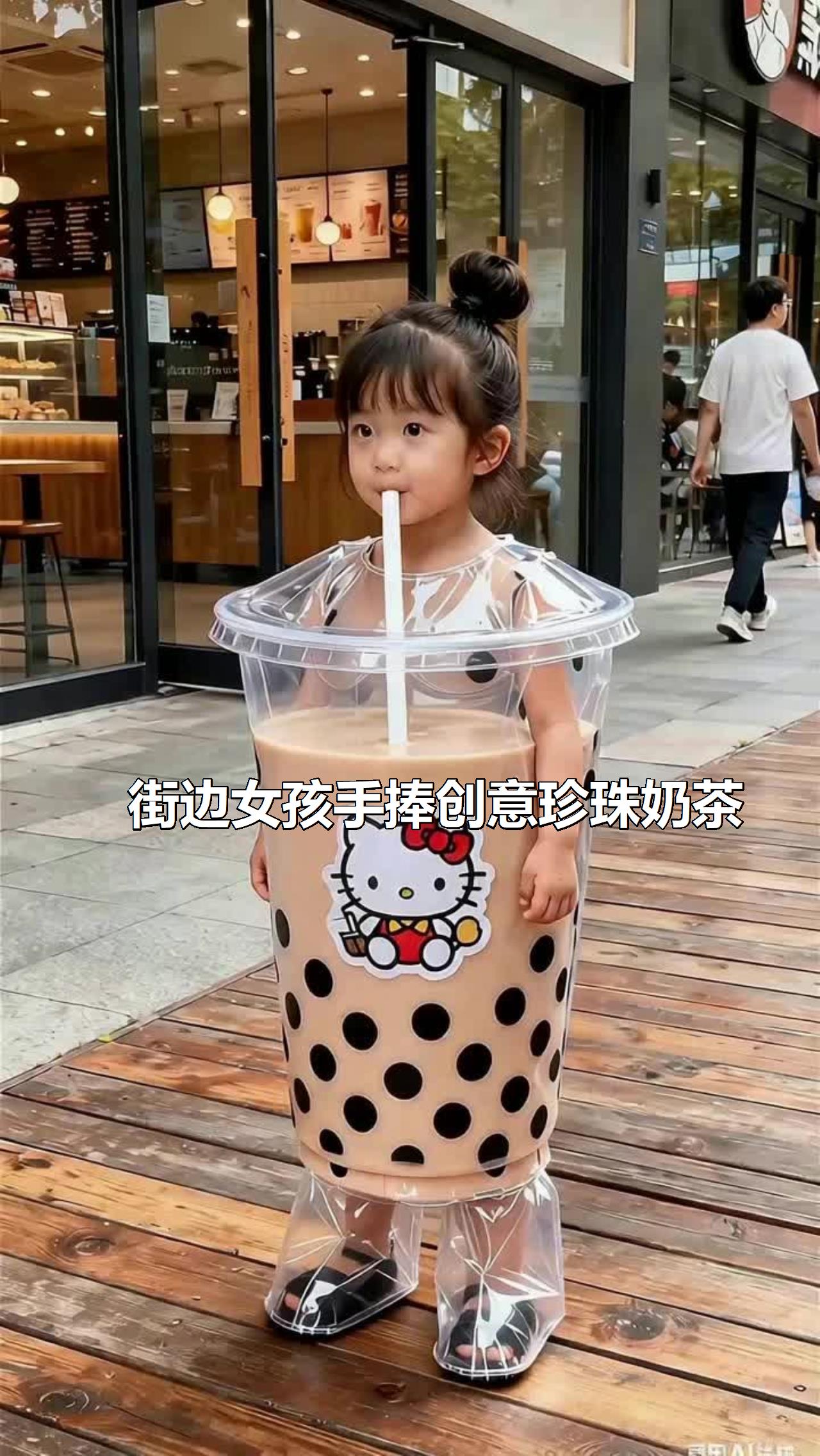 街边女孩手捧创意珍珠奶茶
