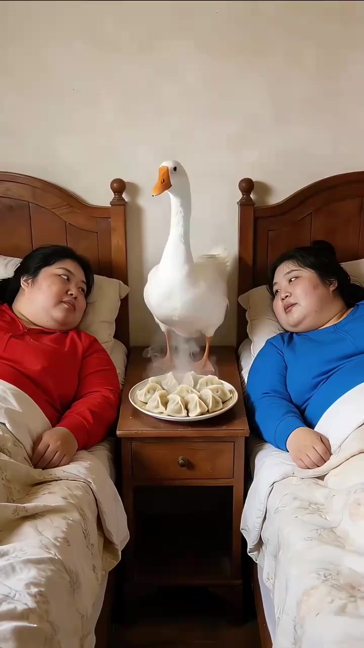大鹅喂两个美女吃饺子