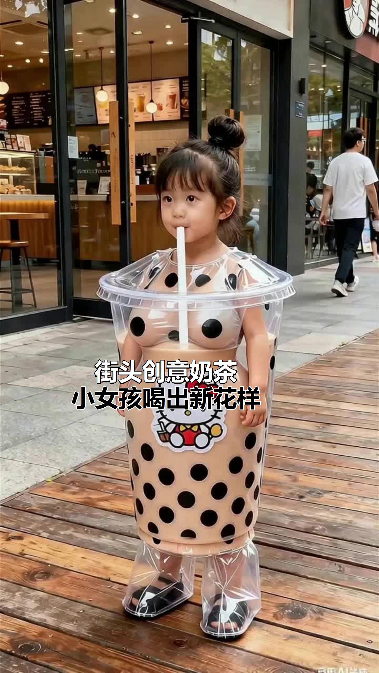 街头创意奶茶，小女孩喝出新花样