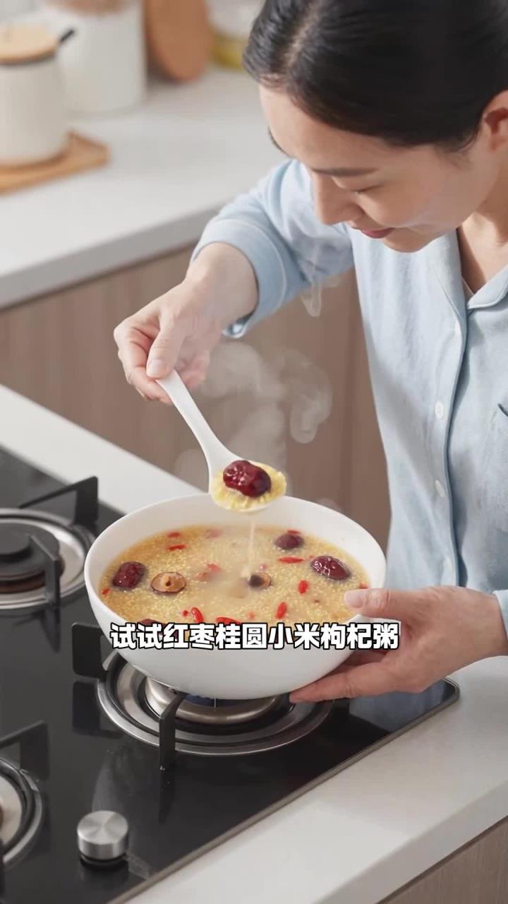 红枣 + 桂圆 + 小米 + 枸杞，煮粥香甜，温润补气血