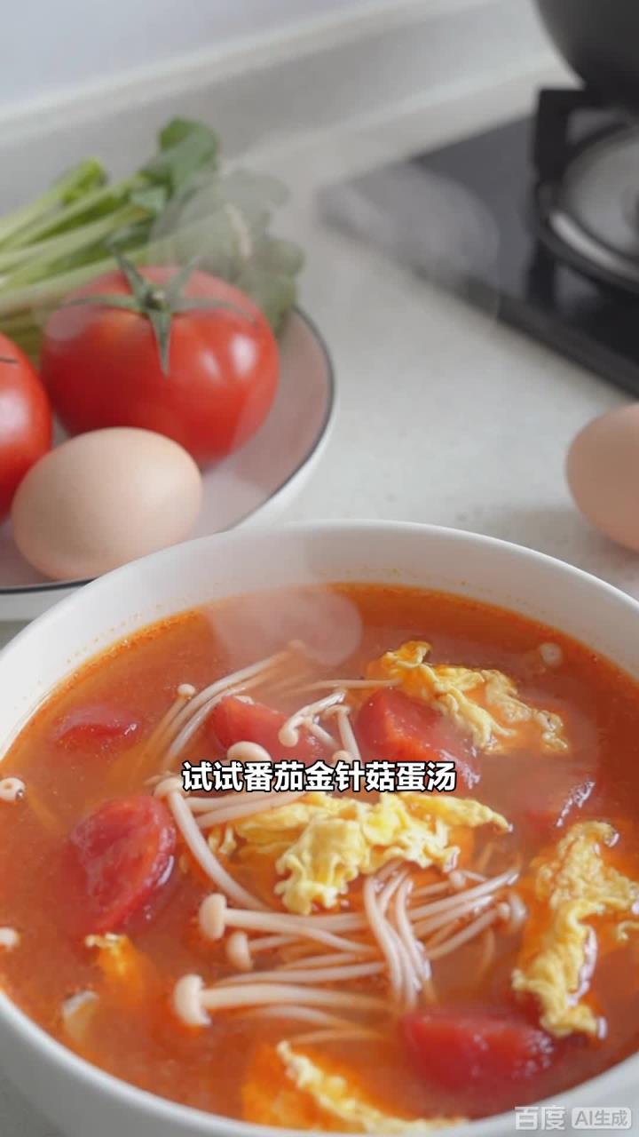 番茄金针菇蛋汤，酸甜开胃，喝了还想喝