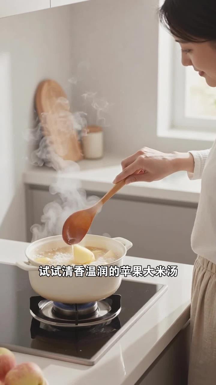 苹果搭配大米煮汤饮用，清香温润好喝，缓解消化不适更温和