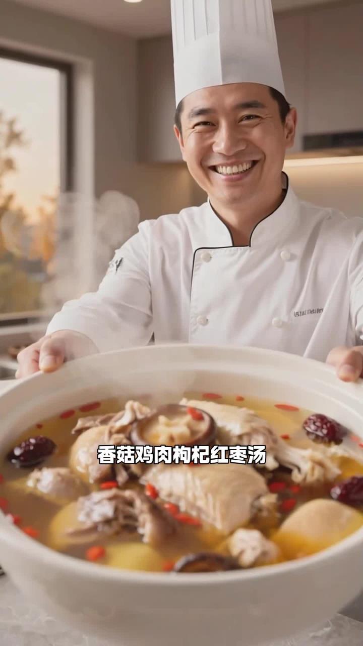 香菇 + 鸡肉 + 枸杞 + 红枣，煲汤鲜香，滋补补气血