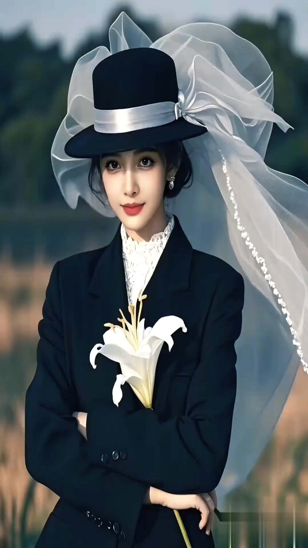 黑西装配白纱帽，复古时尚暗藏神秘故事感