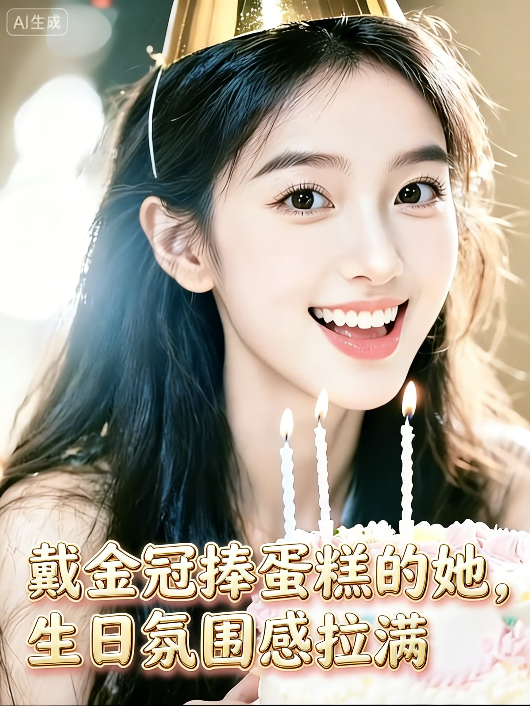戴金冠捧蛋糕的她，笑容甜度爆表，生日氛围感拉满