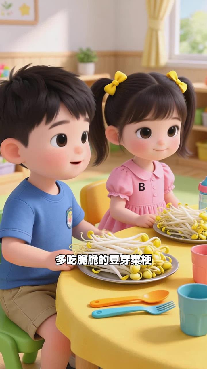 幼儿园大班娃 + 多吃豆芽菜梗 + 病菌全冲走啦